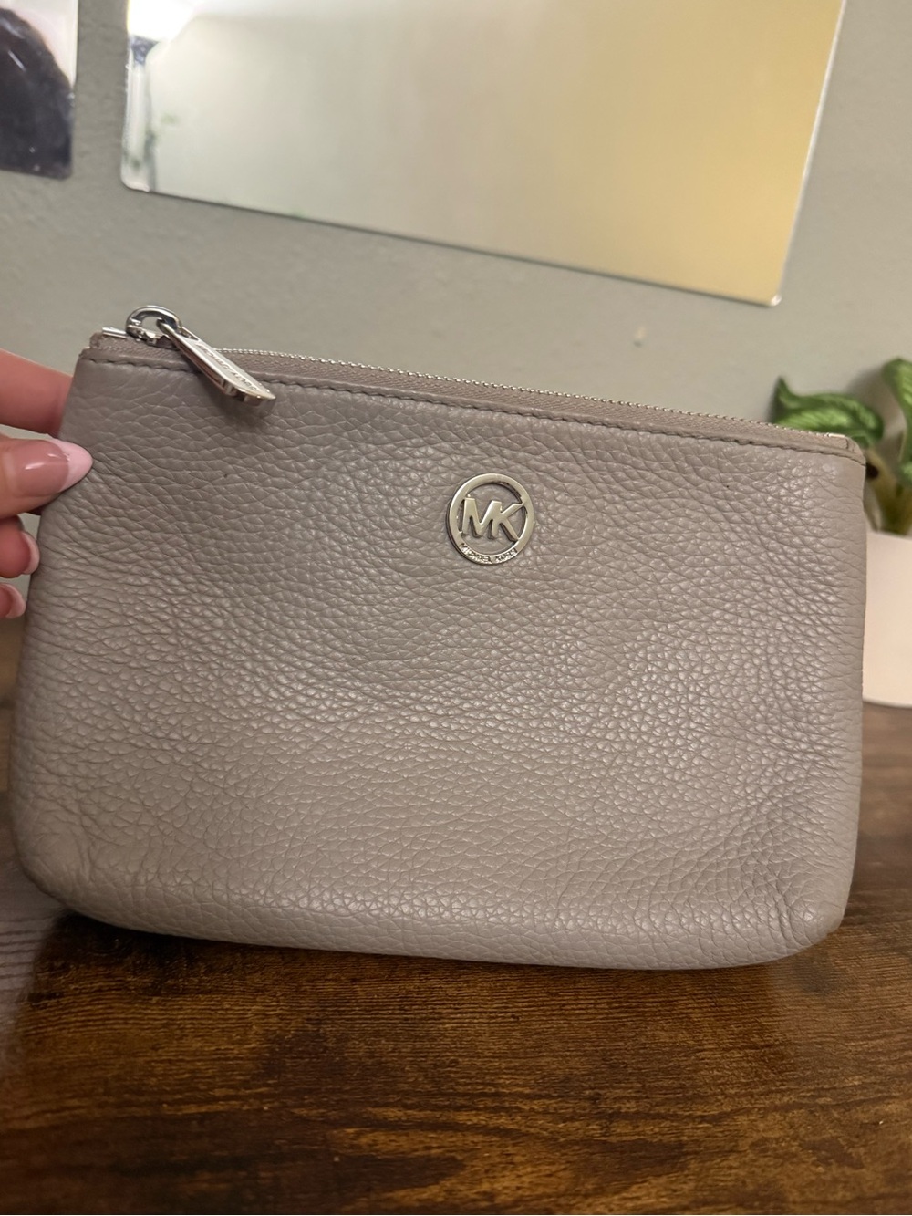 Michael Kors Gray Pebbled Leather Zip Pouch Cosmetic Bag